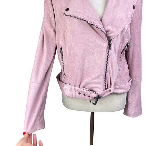 BB Dakota Blush Pink Faux Suede Asymmetrical Zip Belted Biker Moto Jacket - Picture 6 of 14